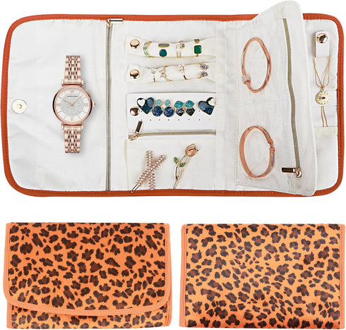 Foldable Leopard Travel Jewelry Bag Organizer Jewelry Storage Roll for Earrings,Necklaces,Rings,Bracelets,Brooches...