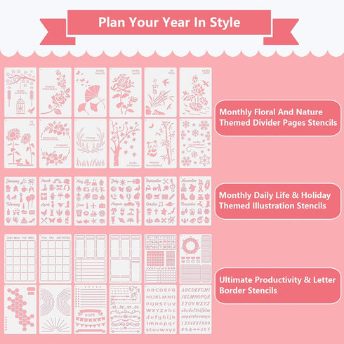 30 PCS Bullet Journals Stencils Supplies (5.1x7.9 Inch) Plastic Planner Stencil for Journaling Bujo Accessories Incl Ultimate Productivity and Mon...