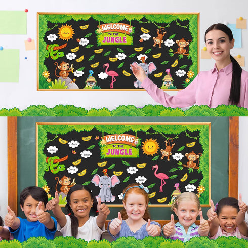 103 Pcs Jungle Bulletin Board Set Welcome to The Jungle Animal Bulletin Board Decorations Monkey Elephant Forest Cutouts Educational Classroom Wal...