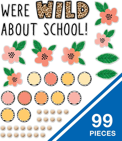 Schoolgirl Style Simply Safari We Are Wild About School Bulletin Board Set, Boho Neutral Classroom Bulletin Board Set, Sweet Leaf & Flower Decor, ...
