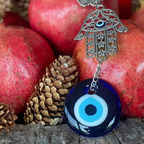 Demiwares Evil Eye Protection Charm, Hamsa Fatima Holy Hand with Evil Eye Glass, Metal Wall Hanging Home Decor for Good Luck and Blessings, Handma...