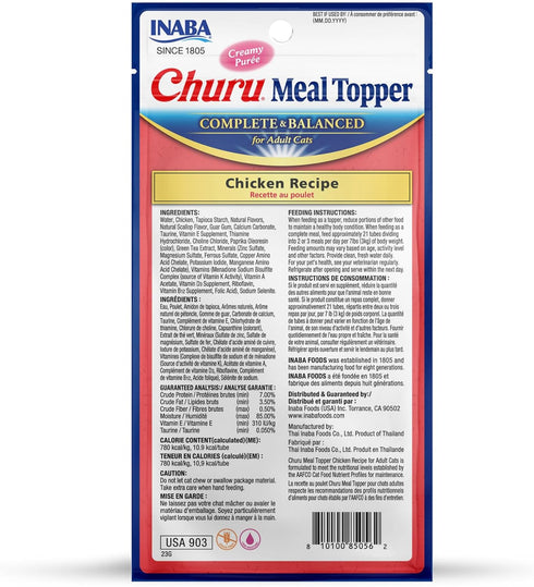INABA Churu Meal Topper for Cats, Complete & Balanced, Creamy, Lickable Purée Cat Food Topper, 0.5 Ounce Tube, 24 Tubes (4 per Pack), Chicken Reci...