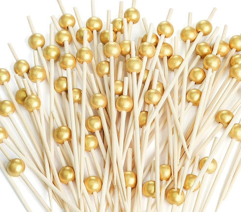 200PCS Cocktail Picks, Fancy Toothpicks for Appetizers, Decorative Bamboo Skewers for Appetizers Drinks Fruit, 4.7 Inch Long Wooden Gold Pearl Foo...