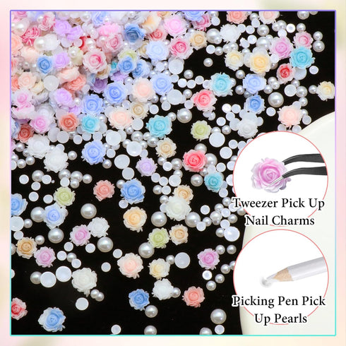 600Pcs Flower Nail Charms and Flatback Pearls,Mixed Size 3D Rose Flowers Nail Charms for Acrylic Nail Supplies Design,White Half Pearls for Nail J...