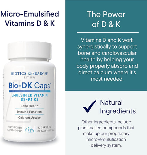 Biotics Research Bio-DK Caps™–Emulsified Vitamin D and K, Vitamin D3 125 mcg & Vitamin K (k1,k2) 550 mcg- MK7– Vitamin D3 K2 K1, Stronger Bones, M...