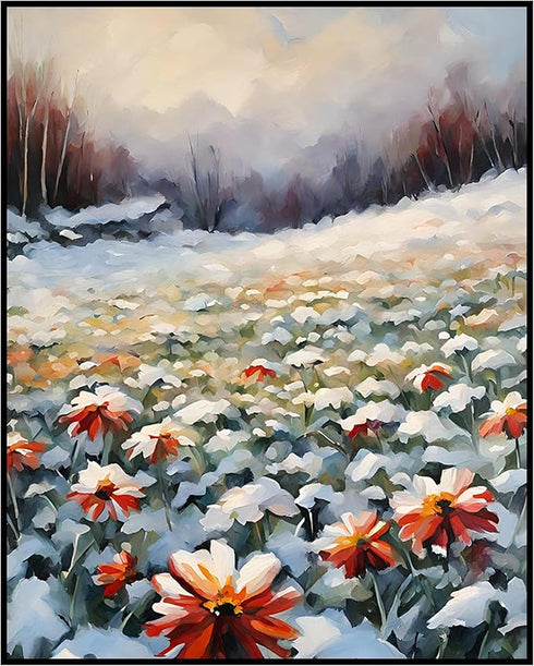 Posterizer 1 pcs-snowy winter flowers scene in oil painting style-14-Floral & Botanical Art-Landscape & Nature Art-Living Room Bedroom Decor- unfr...