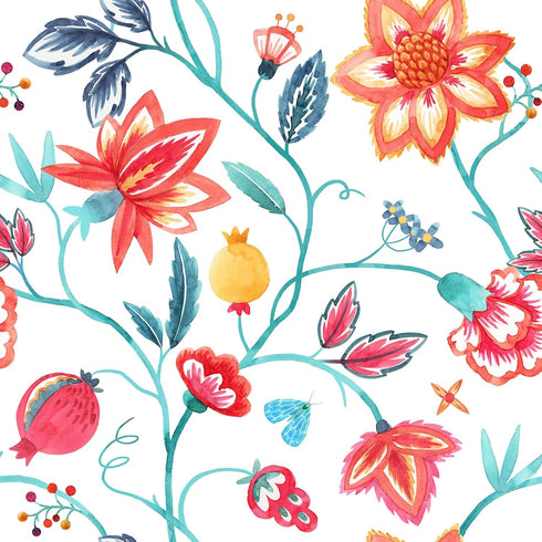 Red Floral Wallpaper Botanical Pomegranate Flower Stick and Peel Wall Paper for Bedroom Laundry Room Removable Self Adhesive Decorative Floral Con...