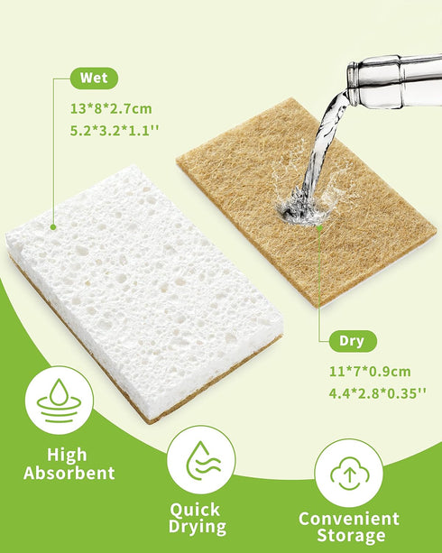 Biodegradable Natural Kitchen Sponge 12Pack, Compostable Cellulose and Coconut Walnut Scrubber Sponge...