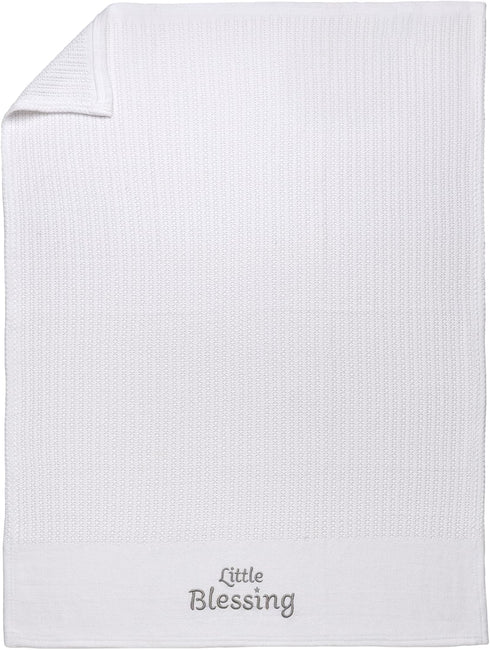 Cotton Knit Baby Blanket with Embroidery, Little Blessings, 30 in. x 40 in., White, Unisex...
