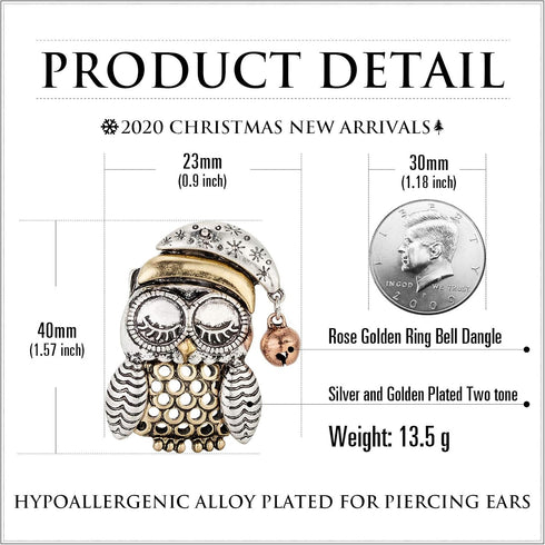 RareLove Cute Vintage Owl Santa Hat Ring Bell Two Tone Christmas Pins and Brooches Rose Gold Silver Plated Alloy Holiday Animal Jewelry For Women ...