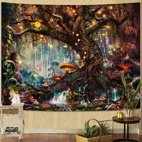 YEXIT Fairy Tales Magical Forest Tapestry, Nature Tree of Life with Elves Landscape Tapestry Wall Hanging for Living Room BedRoom Decoration Red 6...
