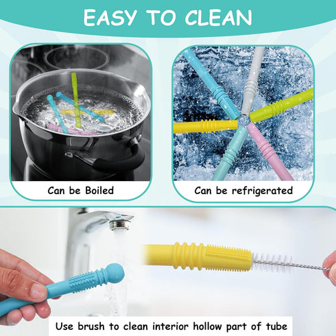 Baby Teething Toy - Pack of 6 Hollow Teething Sticks with 2 Cleaning Brushes - 100% Food Grade Silicone, BPA Free, and Dishwasher Safe - 6 Vibrant...