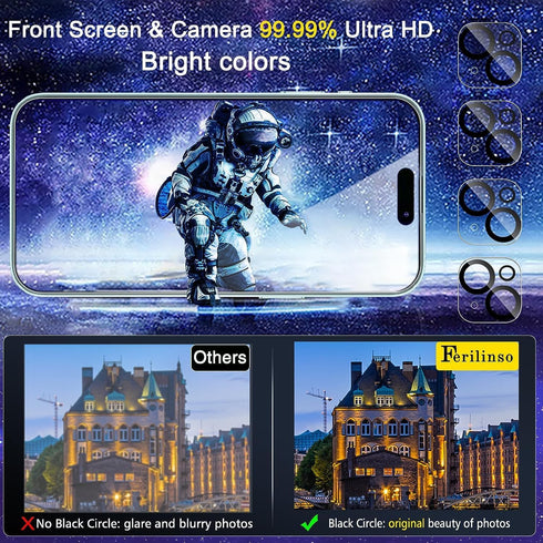 Ferilinso 4 Pack Screen Protector for iPhone 15 with 4 Pack Tempered Glass Camera Lens Protector Phone Case Friendly HD Accessories Protector de P...