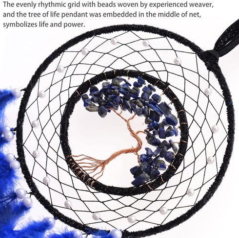 Dreamlike Deep Blue Tree of Life Dream Catcher Wall Decor with Healing Crystal Stone Handmade Feather Dream Catchers Decoration Wall Hanging for G...
