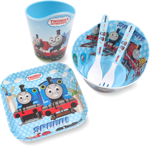 Thomas Transport Fans 5 Pcs Set Cartoon Durable Tableware Meal Dishes Mealtime Food Feeding Eating Set includes Dinner Serving Bowl Plate Cup with...