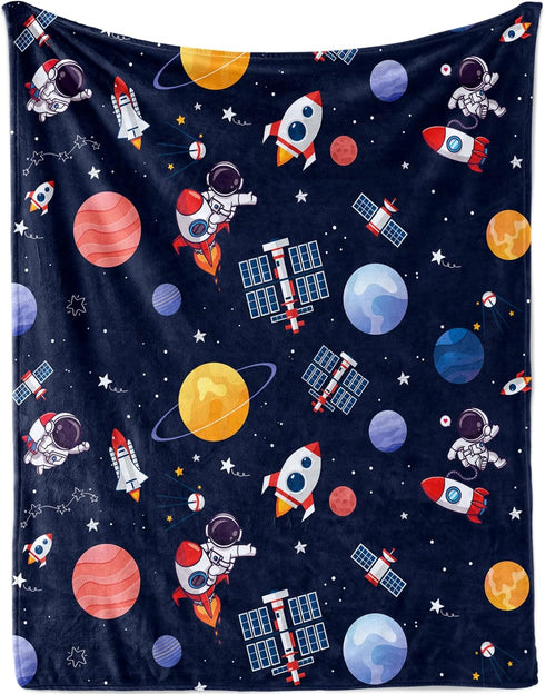 Outer Space Blanket for Boys, Soft Space Astronaut Theme Plush Flannel Blanket for Nursery Baby Crib, Cozy Warm Navy Blue Rocket Galaxy Planet Fuz...
