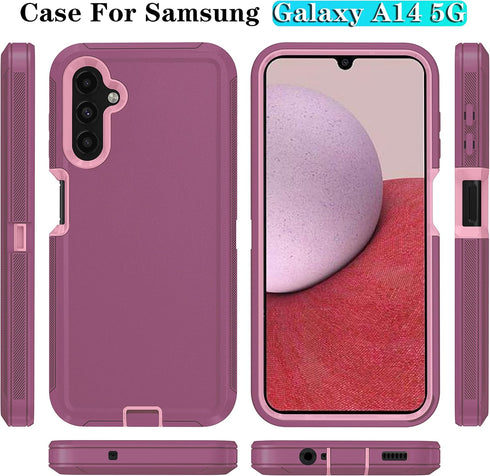 ONOLA Phone Case Compatible with Samsung Galaxy A14 5G with HD Screen Protector (2 Pack), Durable Shockproof 3-Layer Cover (WineRed Pink)...