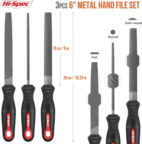 Hi-Spec 3pc Metal Hand File Tool Set Kit. Large Steel Files. Flat, Round & Half-Round for Crafts, Metal & Wood Work...