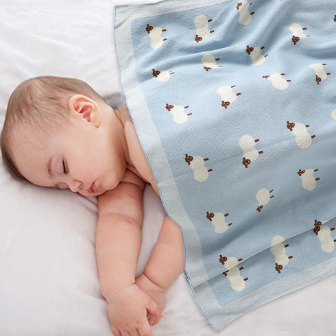 mimixiong Baby Blanket Knit 100% Cotton Toddler Blankets for Boys and Girls with Cute Sheep Size 30 x 40 inches Blue...
