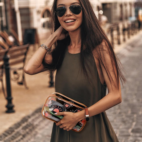 Y1tvei Boho Sun Makeup Bag - 2Pcs Brown Boho Sunshine Ray Transparent Print Clear Cosmetic Toiletry Bag Small Plastic Waterproof Portable Carry Po...