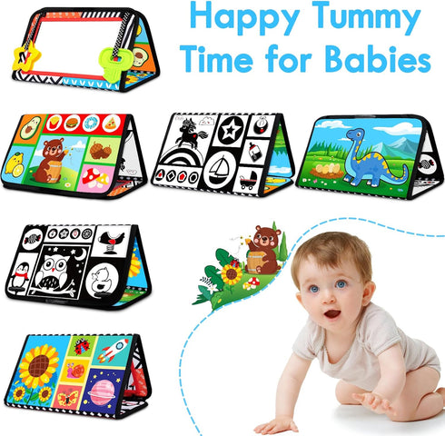 Tummy Time Baby Mirror Toys 0-6 6-12 Months High Contrast Infant Toys Brain Development with Crinkle Cloth Book and Teether - Montessori Newborn S...