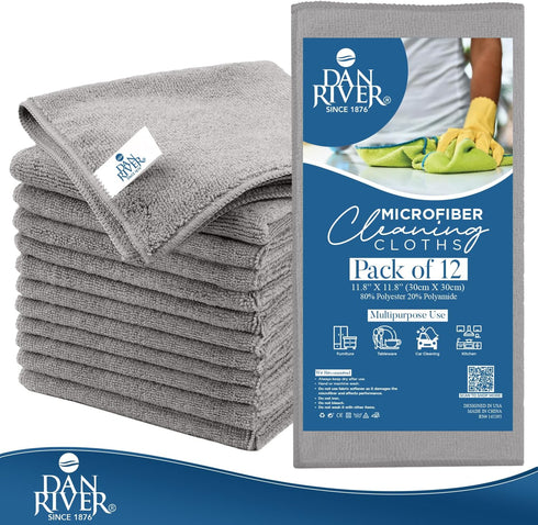 DAN RIVER Microfiber Cleaning Cloth - 12 Pack Economy Bundle - Soft, Absorbent Cleaning Rag - Microfiber Towels for Cars, Glasses, House, Windows,...