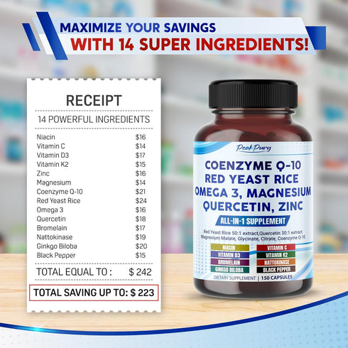 Coenzyme Q-10 200mg Red Yeast Rice 5000mg Quercetin 600mg Magnesium Malate, Glycinate, Citrate - Made in USA...