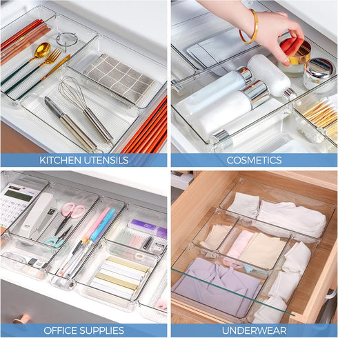 Ravinte 6 Pack Drawer Organizer - 3" X 3" Plastic Storage Bins, Acrylic Organizers with Non-Slip Pads Clear Desk Storage Tray for Makeup, Jewelrie...
