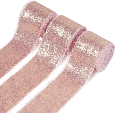 3 Rolls Rose Gold Shimmery Chiffon Ribbon Metallic Chiffon Ribbon Shimmery Frayed Edge Silk Ribbons for Flower Bouquet Gift Wrapping Wedding Decor...