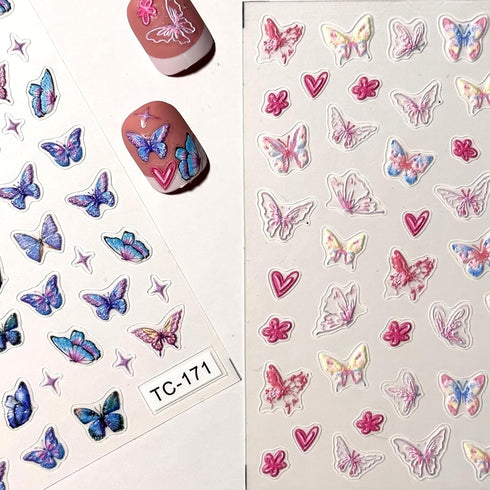 Butterfly Nail Art Stickers 5D Self-Adhesive Spring Nail Stickers for Nail Art Blue Pink Butterfly Nail Deals 3D Embossed Nail Design Nail Art Sup...