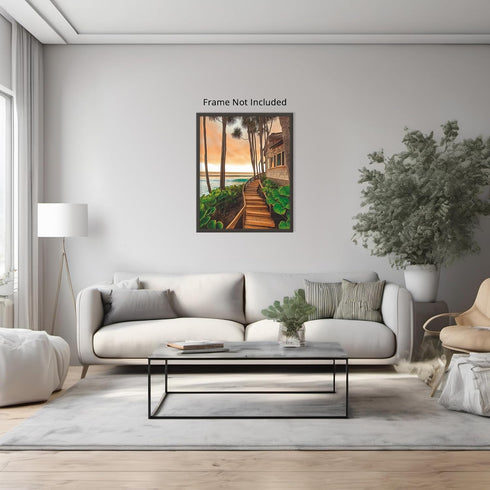 Posterizer 1 pcs-serene coastal scene with tall palm trees and stairway 4-Landscape & Nature Art-Coastal & Nautical Art-Decor for Home & Office- u...