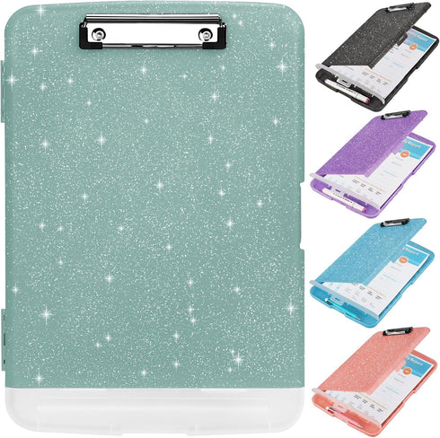 Glitter Clipboard with Storage,Storage Clipboard with Pen Holder,A4 Binder Clip Boards 8.5x11 with Low Profile Clip,Side Opening Sparkle Clipboard...