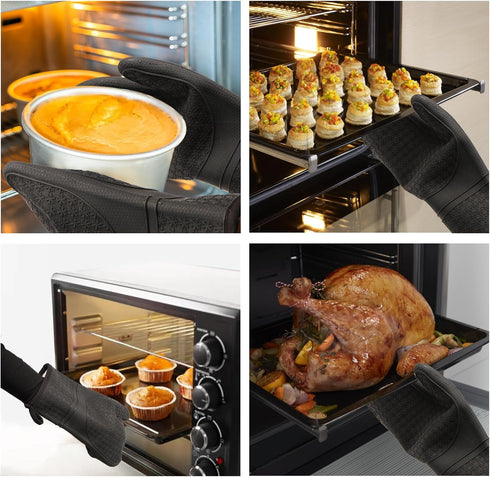 Silicone Oven Mitts, Oven Gloves with Non-Slip Waterproof - 2PCS Black Oven Mittens Heat Resistant 600 Degree, Soft Lining Silicone Oven Mits for ...