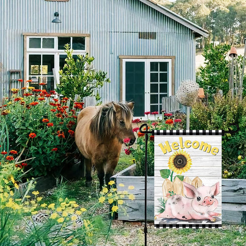 Welcome Garden Farm Flag Sunflower Cute Pink Pig Vertical Double Side Decor Yard Flag for Outside Farmhouse Garden Banner Decorations 12x18 Inch...