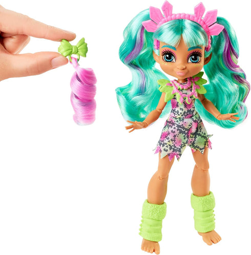 Mattel Cave Club Rockelle Doll (8-10-inch, Teal Hair) Poseable Prehistoric Fashion Doll with Dinosaur Pet and Accessories, Gift for 4 Year Olds an...