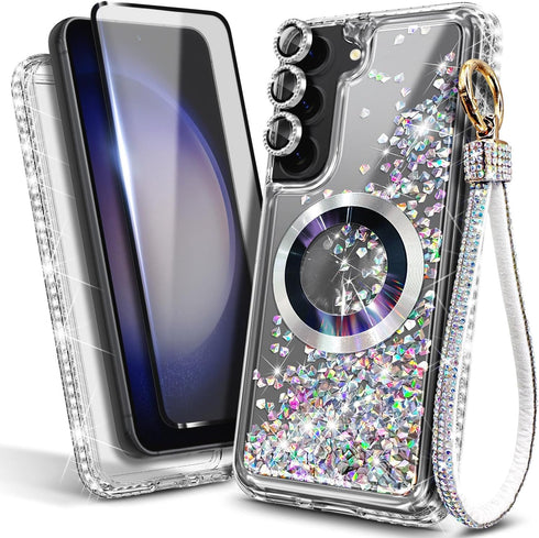 Designed for Samsung Galaxy S23 Magnetic Case for MagSafe with Tempered Glass Screen Protector, Camera Lens Protector/Wrist Strap Lanyard, Glitter...
