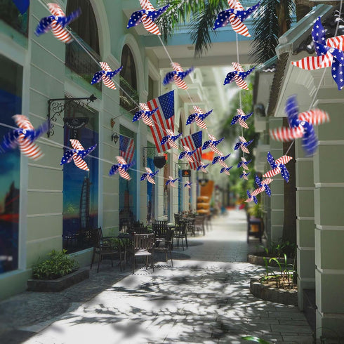 4th of July Patriotic Decorations, 40 Pcs Pinwheels with 2x33-Ft Ropes Memorial Day Fourth of July Independence Red Blue and White Star Stripe Str...