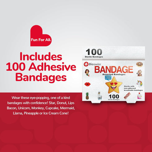 BioSwiss Bandages, Assorted Animal, Fun, and Food Shaped Self Adhesive Bandage, Latex Free Sterile Wound Care, 100 Count...