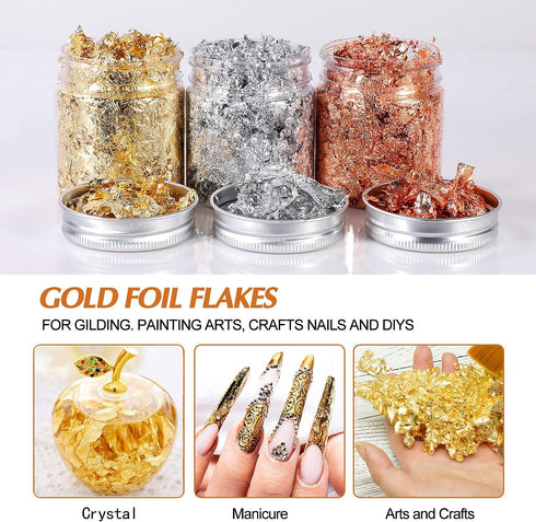 Gold Foil Flakes for Resin,3 Bottles Metallic Foil Flakes 30 Gram,YULIKTOR Imitation Gold Foil Flakes Metallic Leaf for Nails, Painting, Crafts,Sl...