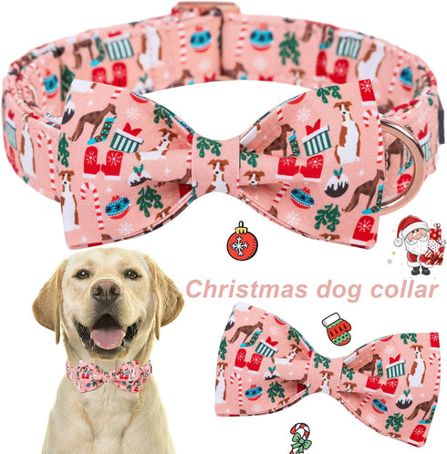 ARING PET Christmas Dog Collar-Cute Cotton Dog Collar with Bow, Adjustable Pink Christmas Pet Collars Puppy Collars with Metal Buckle...