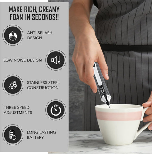 Rechargeable Handheld Milk Frother - Electric Foam Maker - Portable Coffee Frother Wand with 2 Heads - Stainless Steel Electric Whisk for Coffee, ...