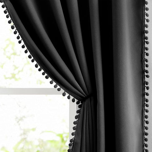 Treatmentex Pom Pom Blackout Curtains Black 45" Half Window Curtain Set for Small Window Basement Laundry Short Drapes 2Panels Rod Pocket...