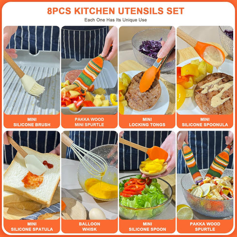 Spurtles Kitchen Tools, 8 Pcs Silicone Cooking Utensil Set,Pakkawood Spurtle Set, Silicone Kitchen Utensils Set with Natural Wooden Handle,Wooden ...