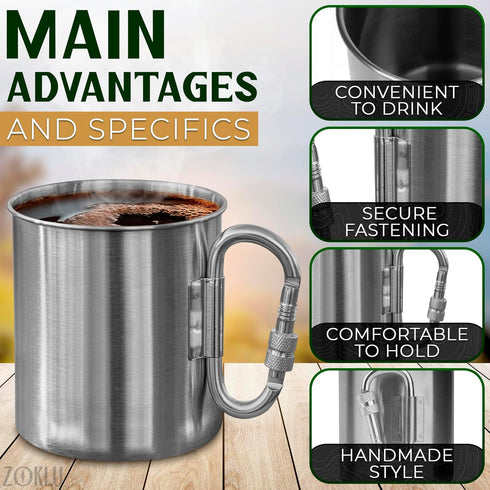 Stainless Steel Mug with Handle - Coffee Camping Mug with Carabiner Handle Portable Backpack Outdoor Cup Lightweight Camping Gear for Men - 13.5Oz...