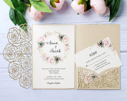 20 Pcs Laser Cut Wedding Invitations Card Pocket with Envelope for Birthday Party Baby or Bride Shower Invite suitable for 5 * 7 Inches Insert Pap...