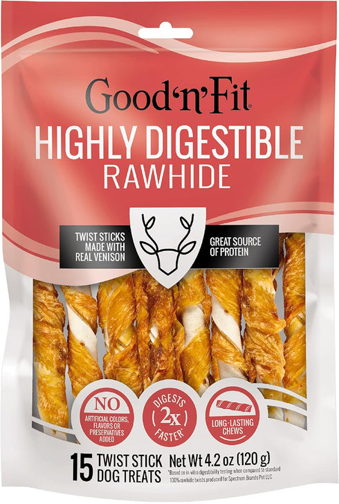 Good ‘n’ Fit Twist Sticks Made with Real Venison, 15 Count, Treat Your Dog to Long-Lasting and Highly Digestible Rawhide Chews...