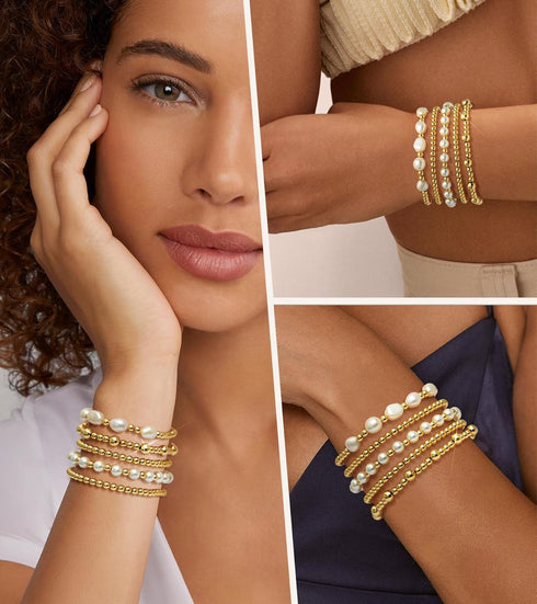 adoyi Gold Bracelets for Women Beaded Bracelet 14K Gold Plated Bracelet Stack Strand Stretch Bead Ball Bracelet Set Stackable Bracelet Adjustable ...