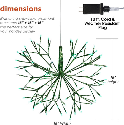 Alpine Corporation 16"H Indoor Holiday 3D Snowflake Hanging Ornament with LED Lights, Green , Christmas Decoration...
