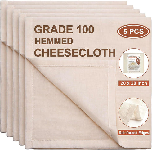 Cheese Cloths, 5 PCS Precut 20x20 Inch, Grade 100 Hemmed Cheesecloth for Straining Cooking, Fine Mesh Cloth Strainer Reusable, 100% Unbleached Cot...