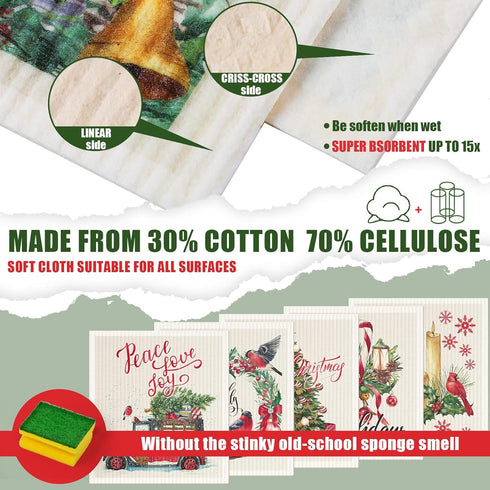 6 Pcs Swedish Kitchen Dish Cloths Kitchen Towels Reusable Sponge Cleaning Cloths Wipes Absorbent Dish Cloth Quick Drying Washable Decorative Tea T...